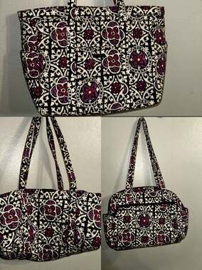 VERA BRADLEY TRIO OF BLACK WHITE PINK SCROLL MEDALLION LARGE TOTE SHOPPER BAG